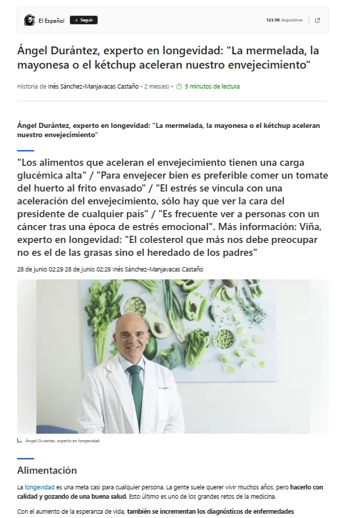Ángel Durántez, experto en longevidad: «La mermelada, la mayonesa o el kétchup aceleran nuestro envejecimiento»